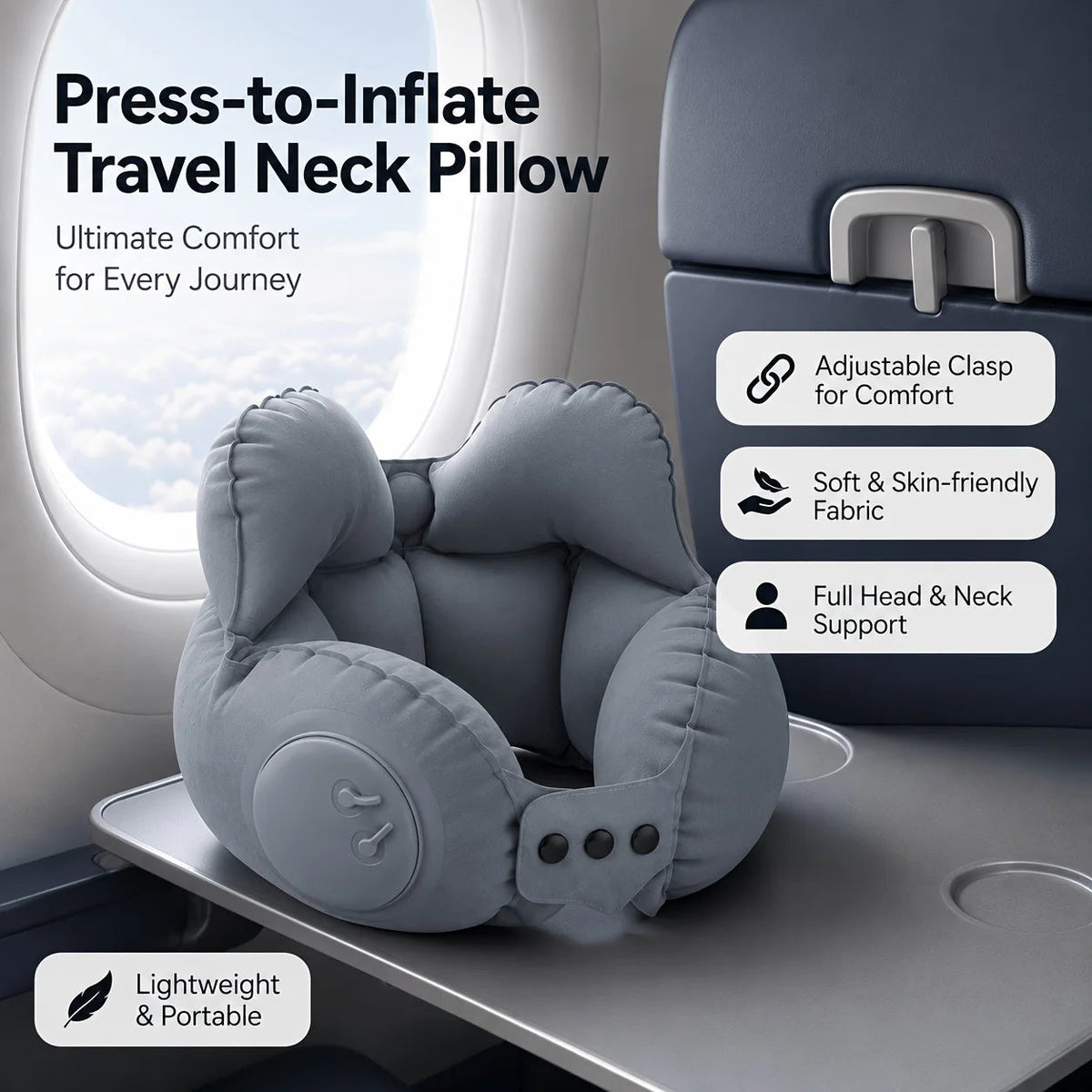 Travel Pillow One-Touch Inflation Ergonomic U-Shape Adjustable Buckle