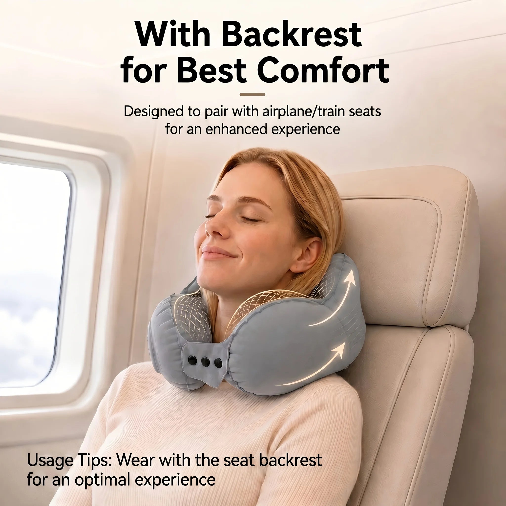 Travel Pillow One-Touch Inflation Ergonomic U-Shape Adjustable Buckle