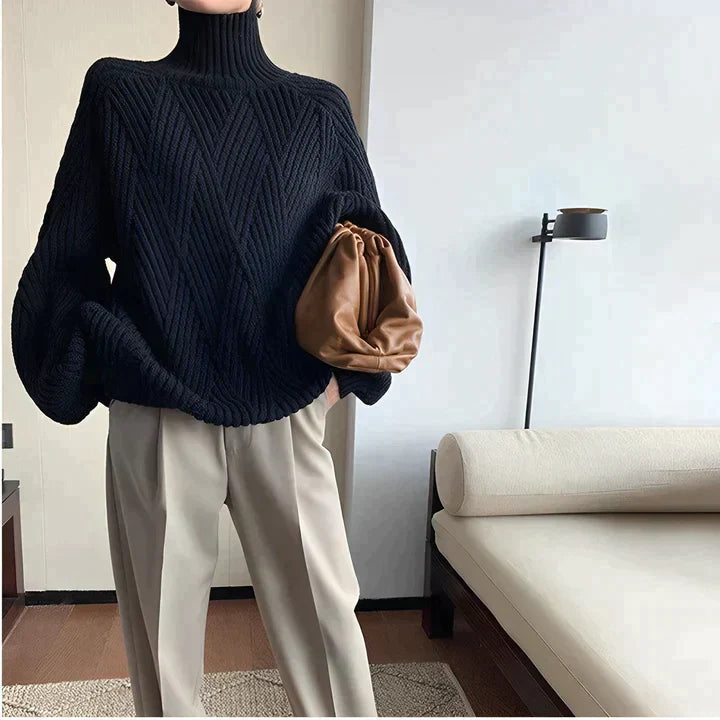Turtleneck Sweater Striped Cable Knit Acrylic Cotton Blend