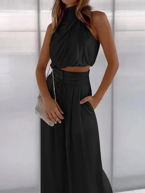 Two-Piece Set Silk Sleeveless Top & Wide-Leg Trousers