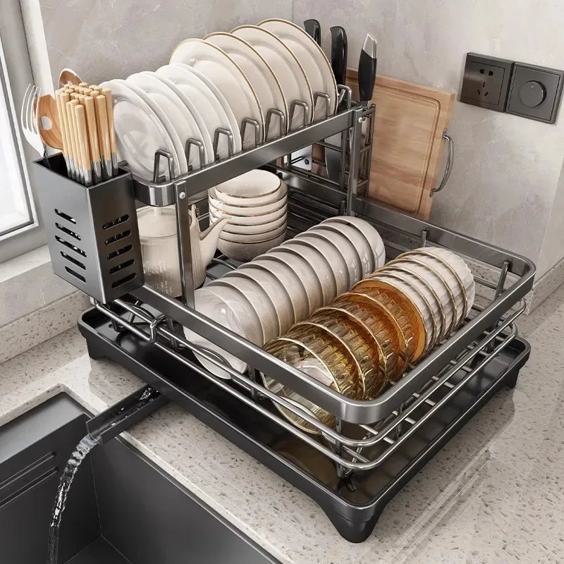 Two-Tier Dish Rack Reinforced Steel Drip Tray & Cutlery Holder