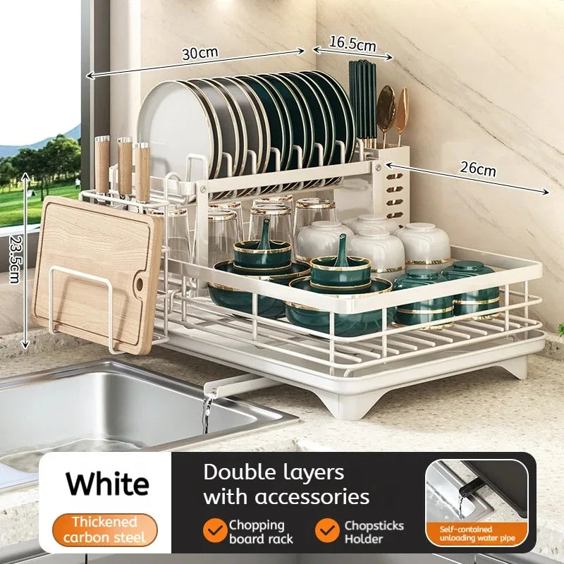 Two-Tier Dish Rack Reinforced Steel Drip Tray & Cutlery Holder