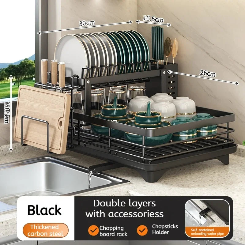 Two-Tier Dish Rack Reinforced Steel Drip Tray & Cutlery Holder