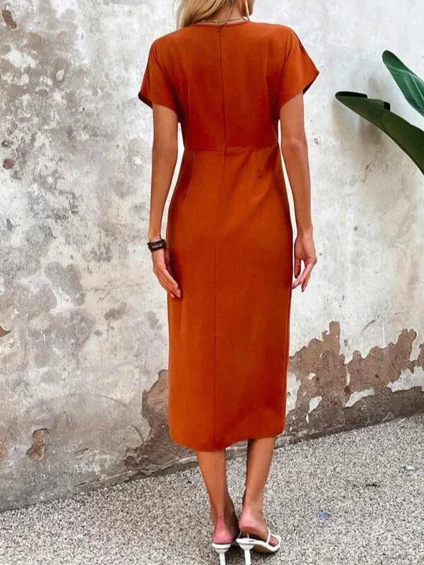 V-Neck Midi Dress Bodycon Rayon Blend & Stretch