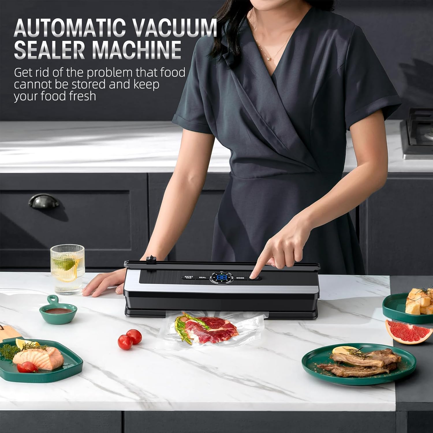 Vacuum Sealer Built-In Cutter LED Display Brushed Stainless Steel Panel