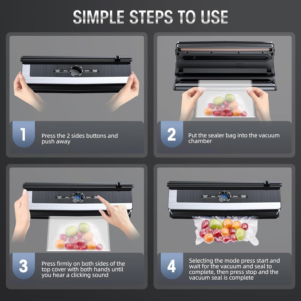 Vacuum Sealer Built-In Cutter LED Display Brushed Stainless Steel Panel