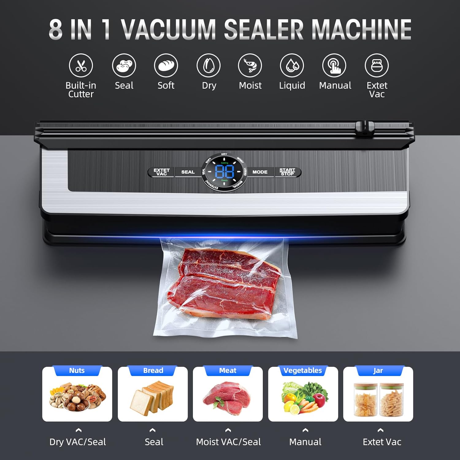 Vacuum Sealer Built-In Cutter LED Display Brushed Stainless Steel Panel