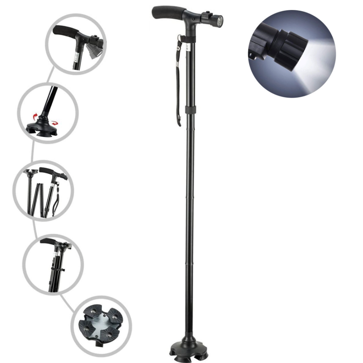 Walking Cane Height Adjustable LED Light Quad Base