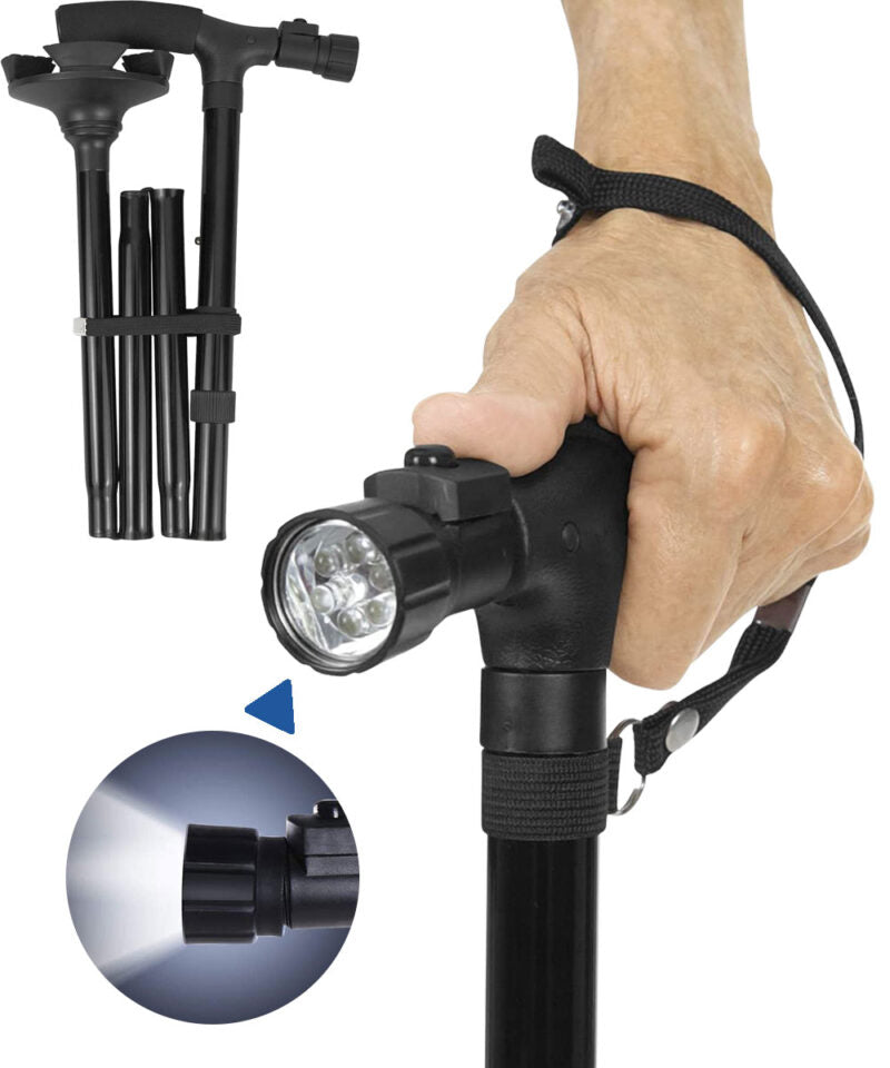 Walking Cane Height Adjustable LED Light Quad Base