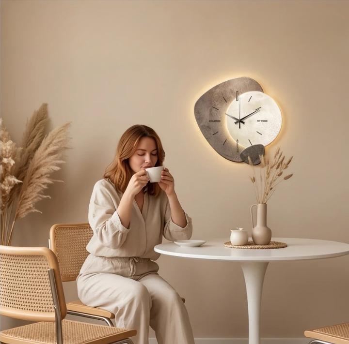 Wall Clock Minimalist Moon Beige & Gold Battery Operated