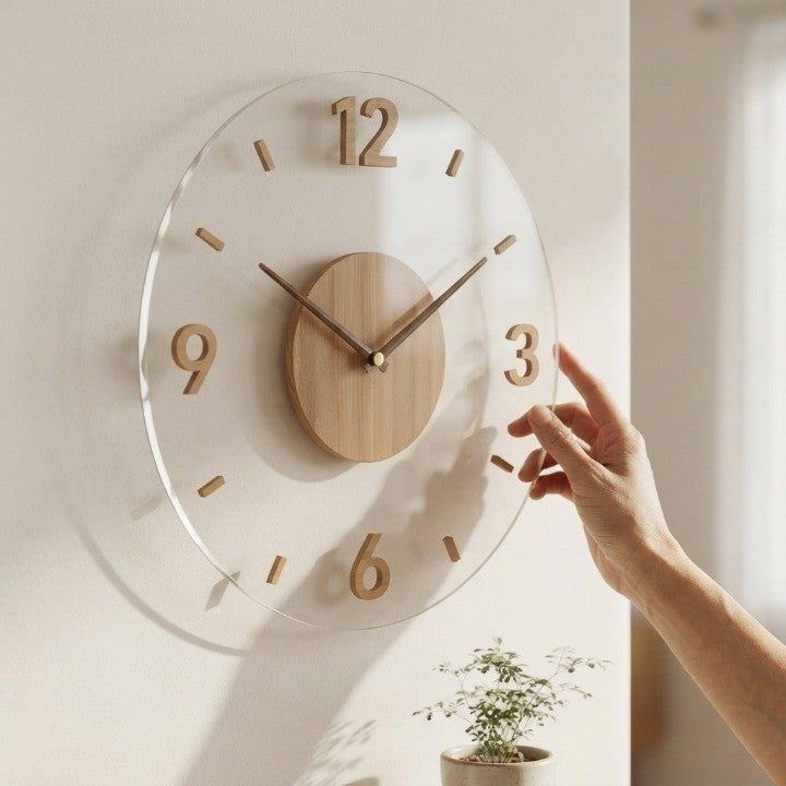 Wall Clock Natural Wood Transparent Frame Silent Quartz