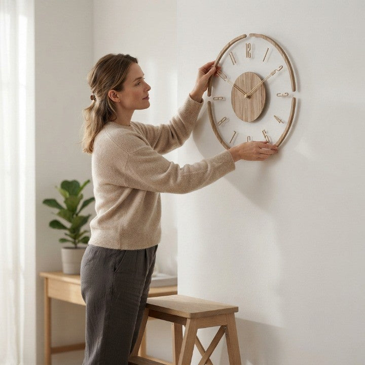 Wall Clock Natural Wood Transparent Frame Silent Quartz
