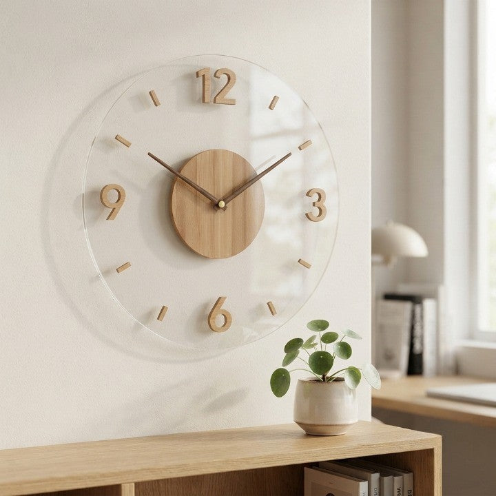 Wall Clock Natural Wood Transparent Frame Silent Quartz