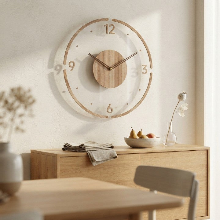 Wall Clock Natural Wood Transparent Frame Silent Quartz