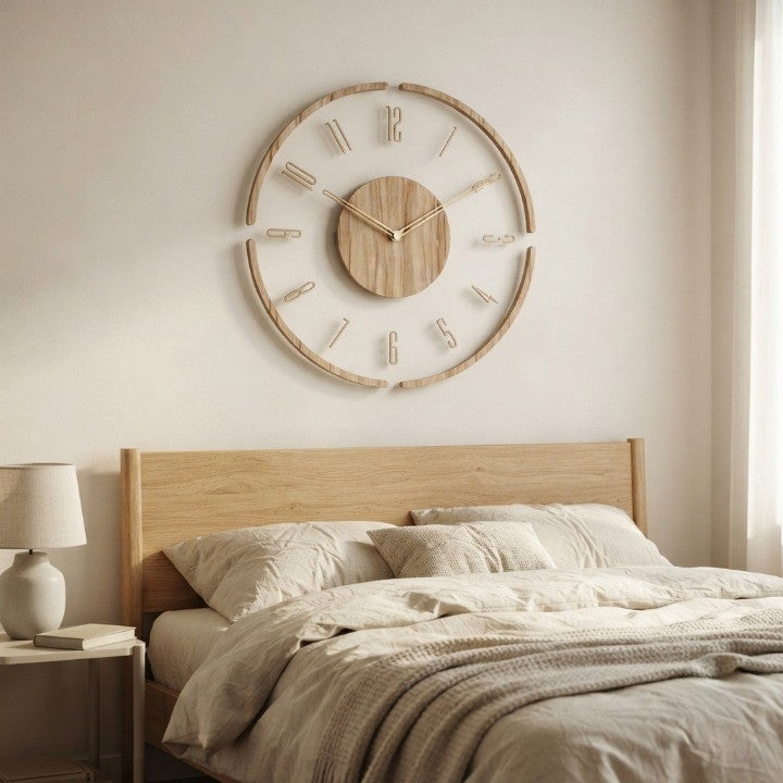 Wall Clock Natural Wood Transparent Frame Silent Quartz