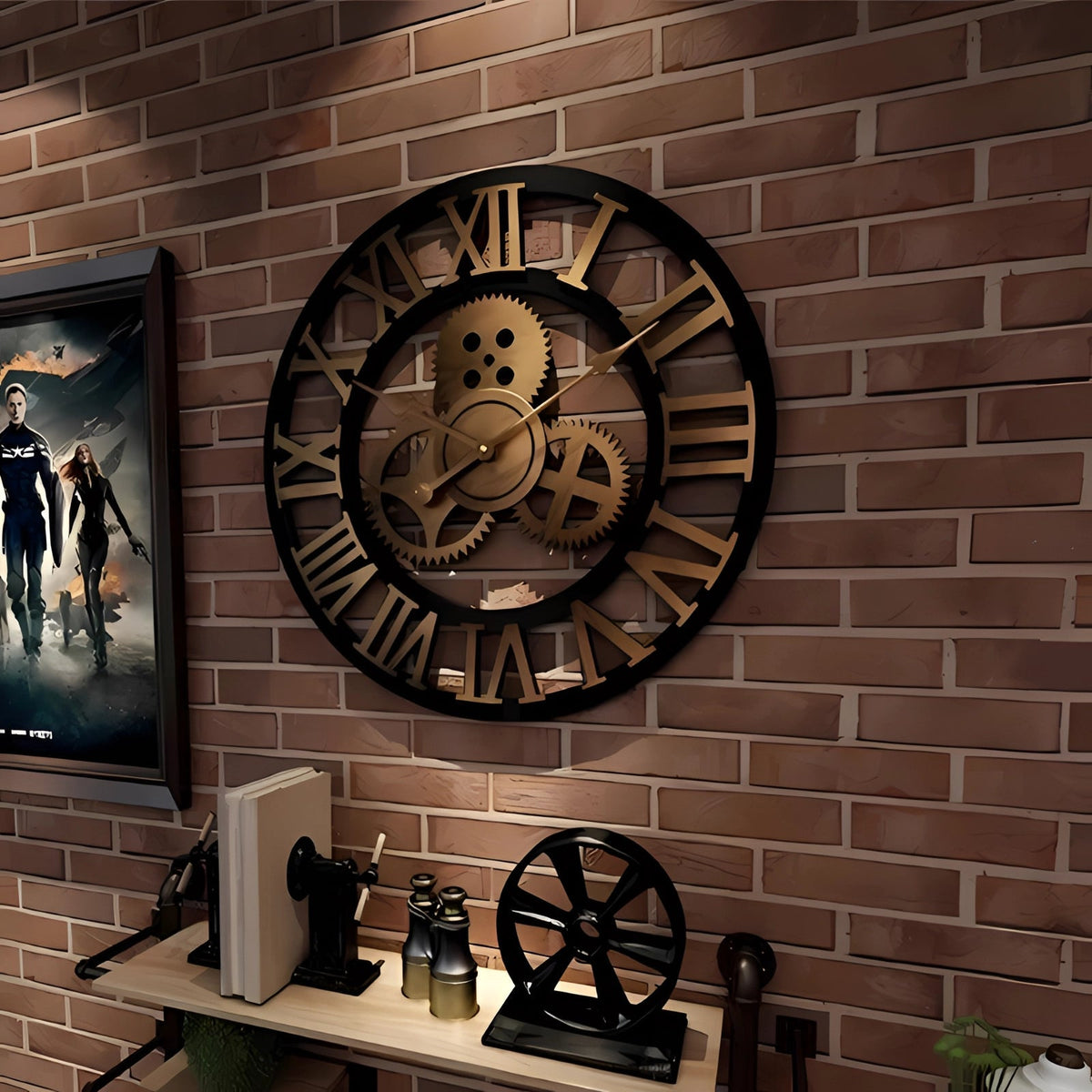 Wall Clock Oversized Roman Numerals Industrial Gear Quartz Movement