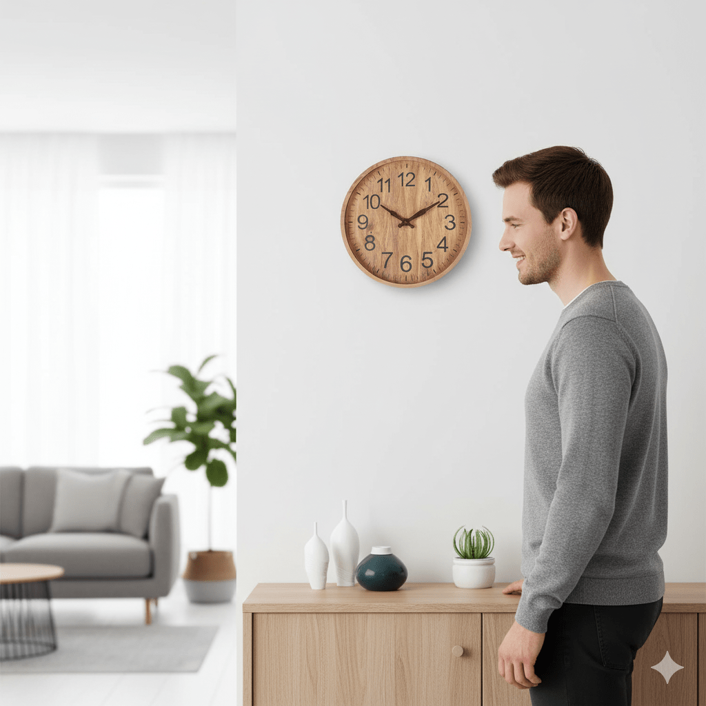 Wall Clock Silent Movement Natural Wood Finish 11.8 Inch