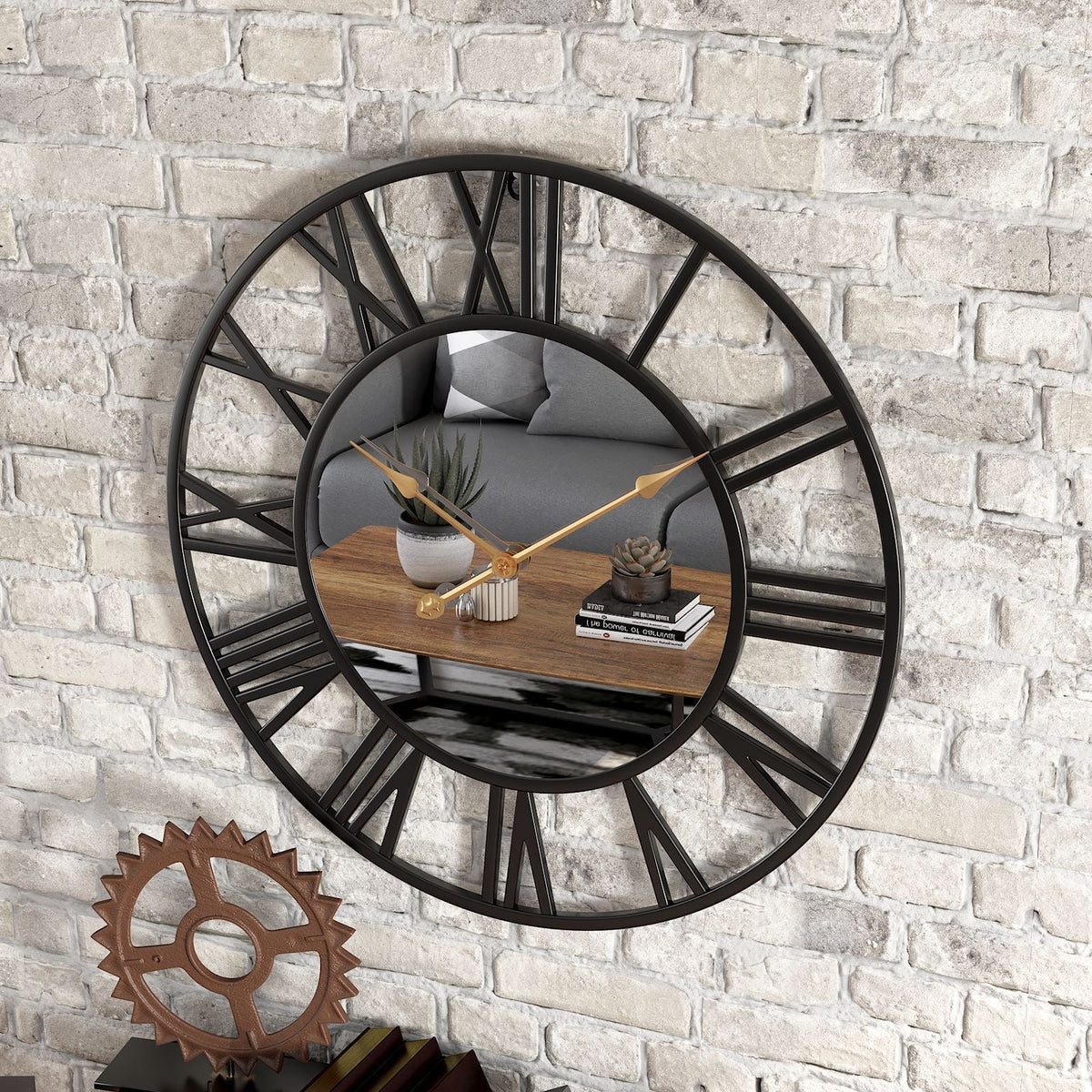 Wall Clock Vintage Mirror Aluminum Frame Silent Quartz