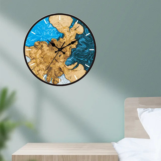Wall Clock Wood Resin Inlay Silent Quartz