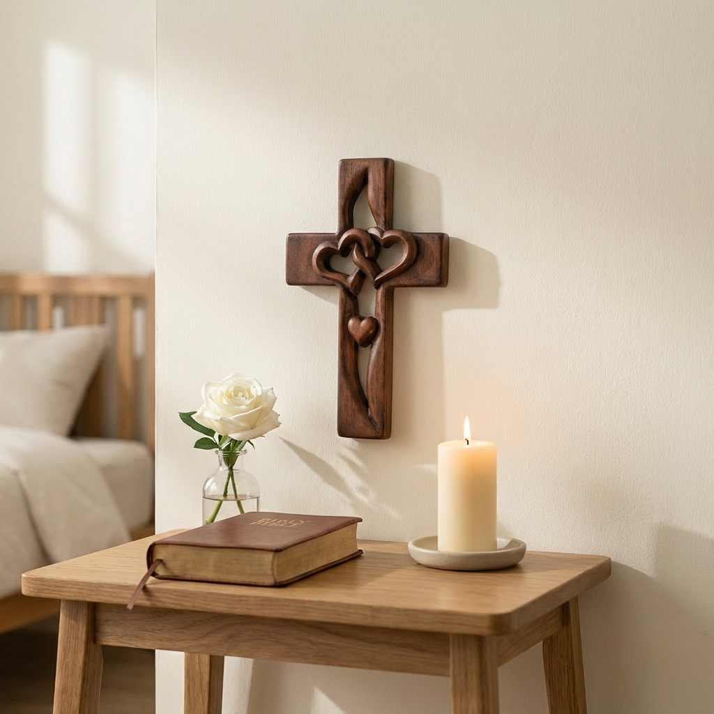 Wall Cross Handcrafted Intertwined Hearts Ready to Hang