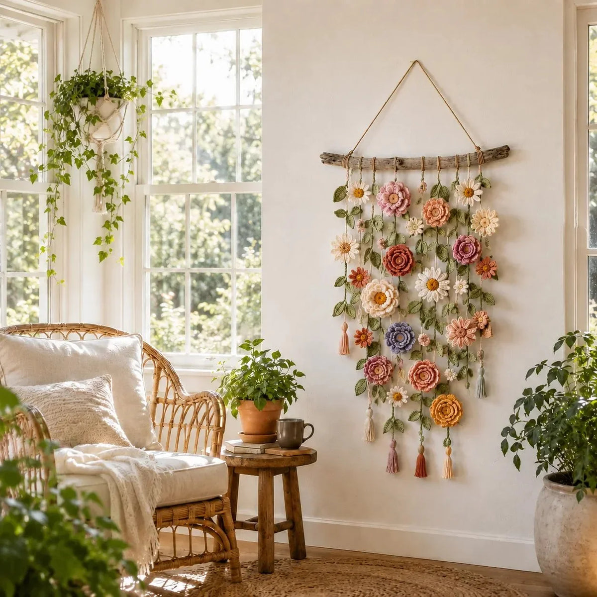 Wall Hanging Crocheted Flower Driftwood Hanger