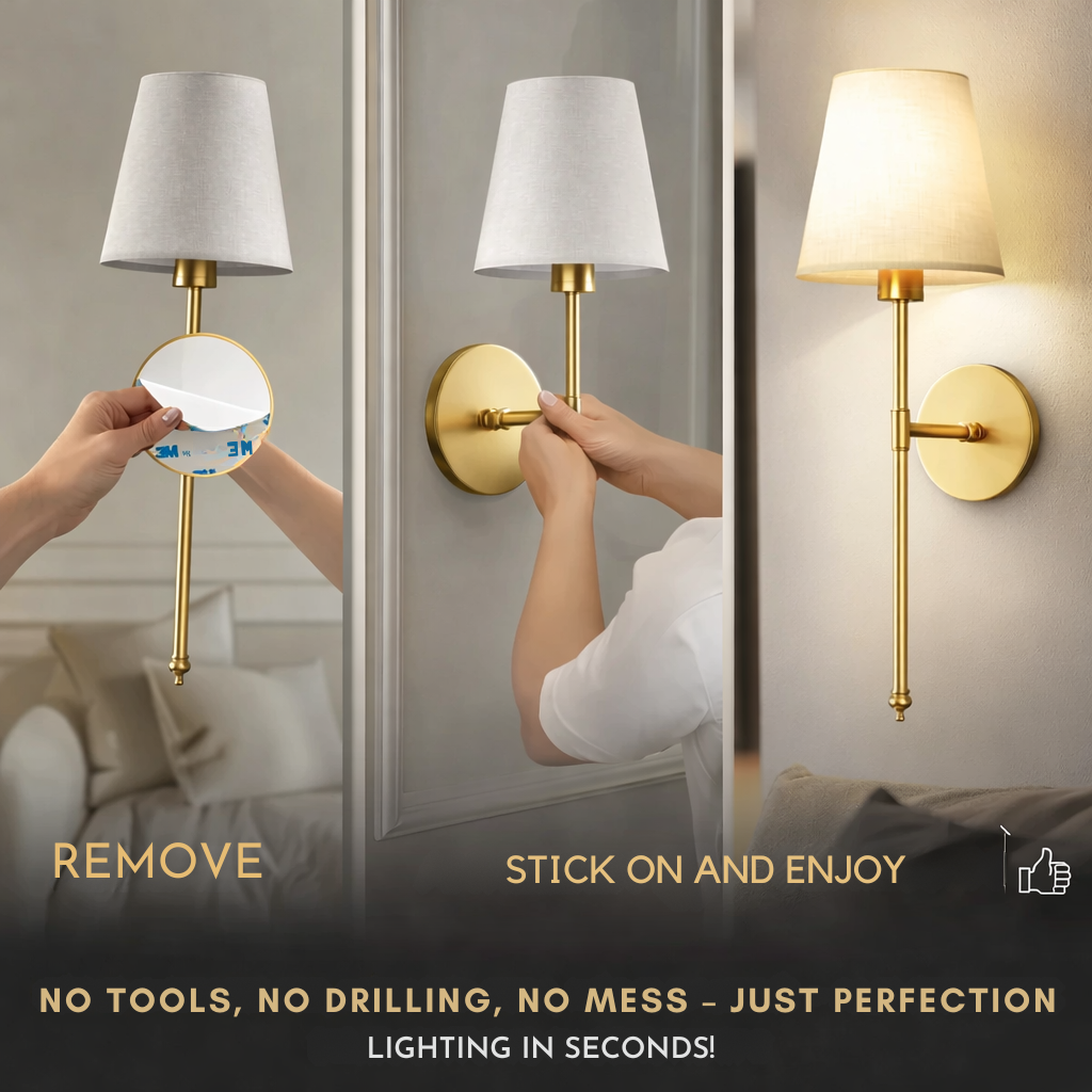 Wall Lamp Adhesive Mount Fabric Shade Set of 2