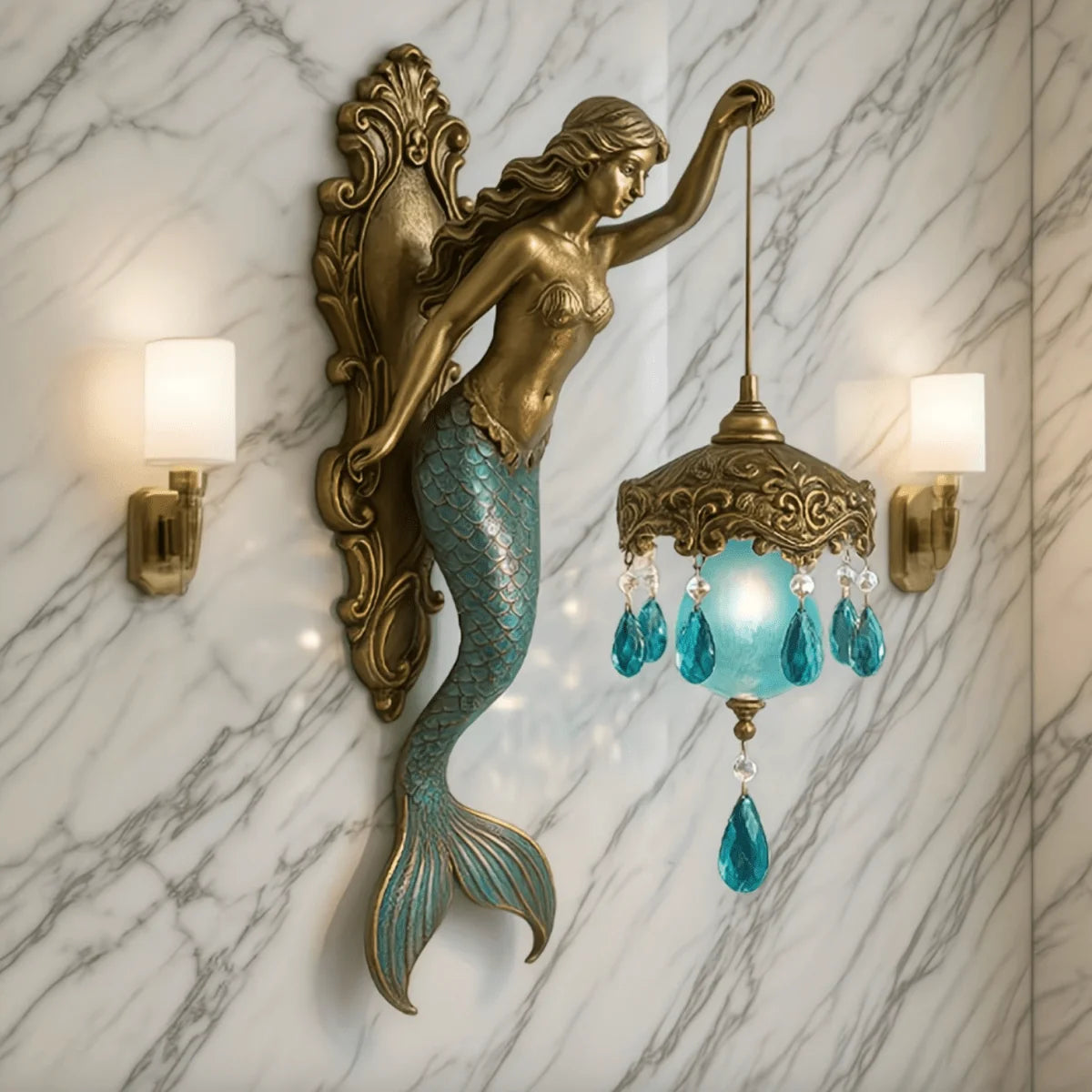 Wall Lamp Handcrafted Metal & Turquoise Crystal Pendant