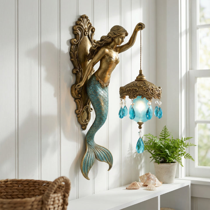 Wall Lamp Mermaid Figurine Glass Shade & Crystal Pendants