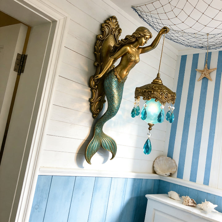 Wall Lamp Mermaid Figurine Glass Shade & Crystal Pendants