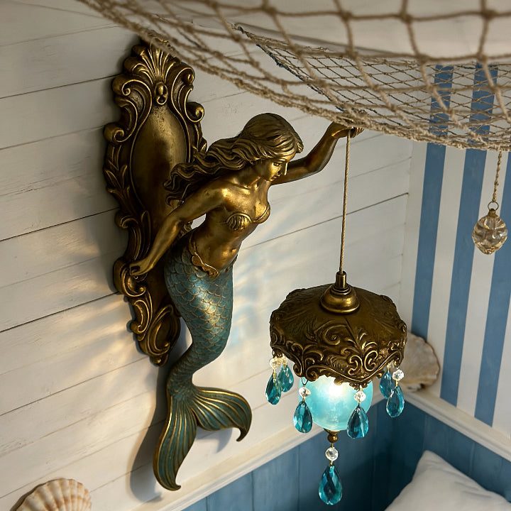 Wall Lamp Mermaid Figurine Glass Shade & Crystal Pendants
