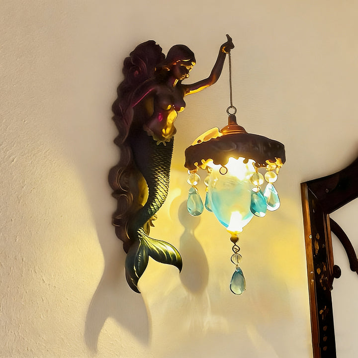 Wall Lamp Mermaid Figurine Glass Shade & Crystal Pendants