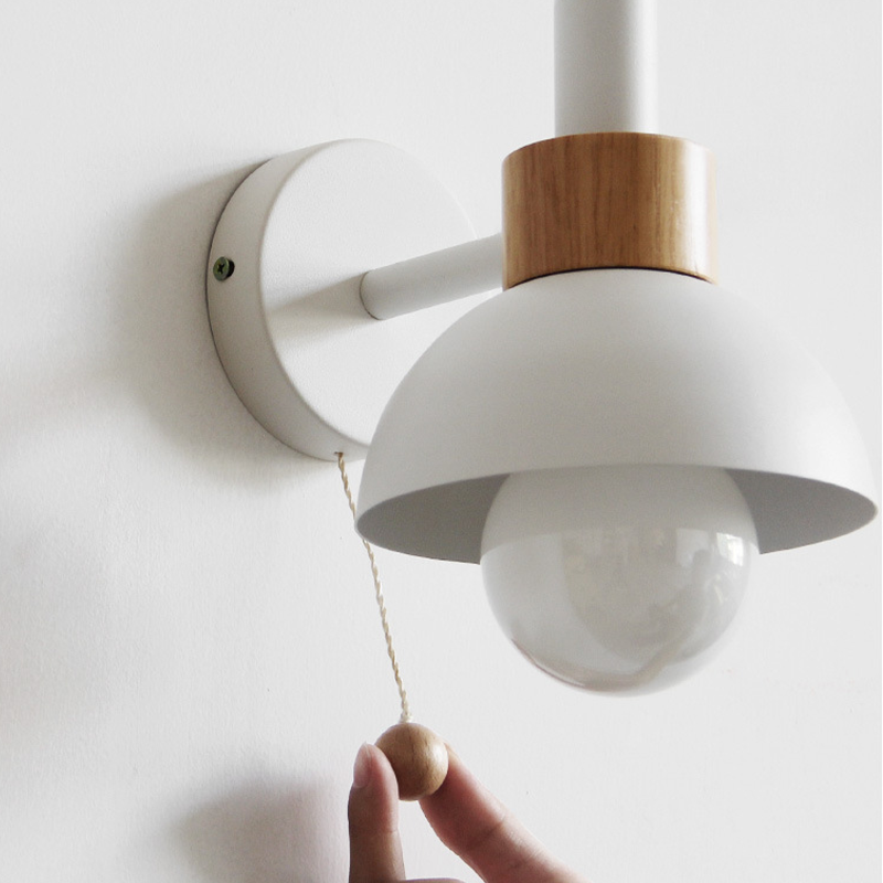 Wall Lamp Pull Cord Scandinavian Wood Metal & Glass