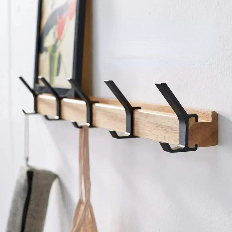 Wall-Mounted Coat Rack Five Double Hooks Solid Wood Base