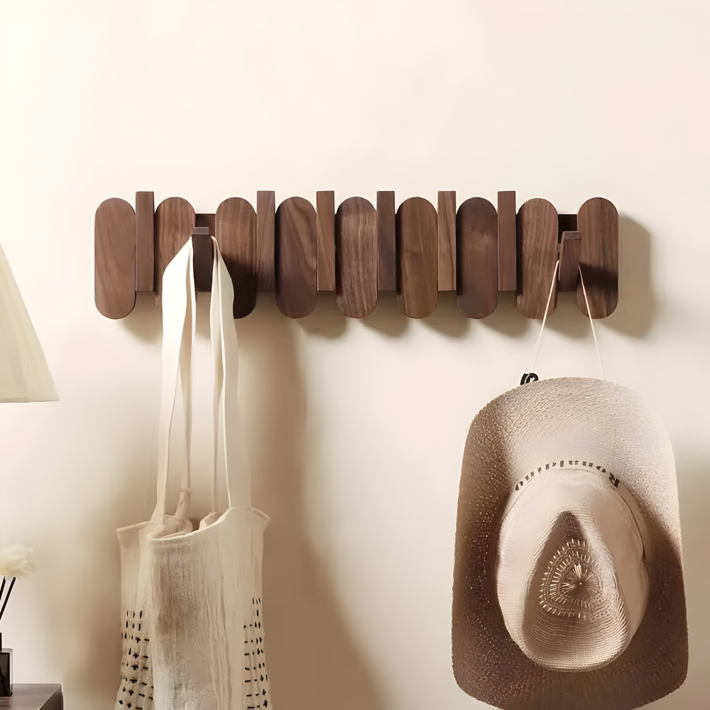Wall-Mounted Coat Rack Solid Wood Walnut Finish Rounded Hooks