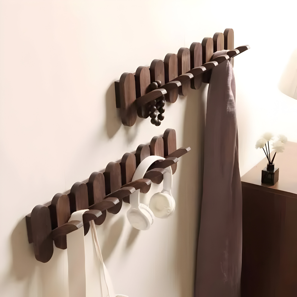 Wall-Mounted Coat Rack Solid Wood Walnut Finish Rounded Hooks