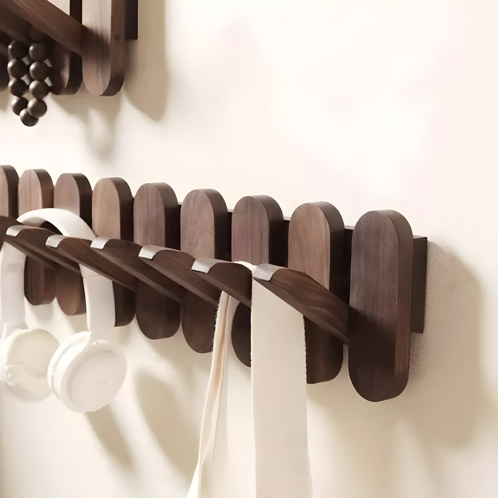 Wall-Mounted Coat Rack Solid Wood Walnut Finish Rounded Hooks