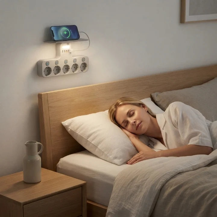 Wall-Mounted Power Strip 5 Switchable Sockets USB Night Light