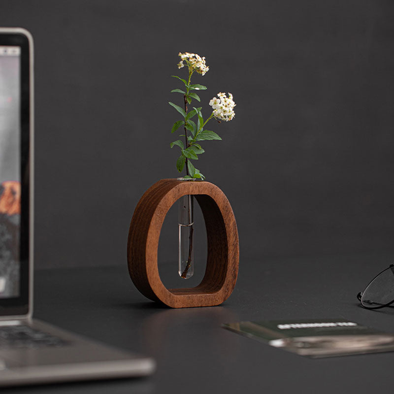 Wall Plant Vase Walnut Wood Base Removable Glass Tube