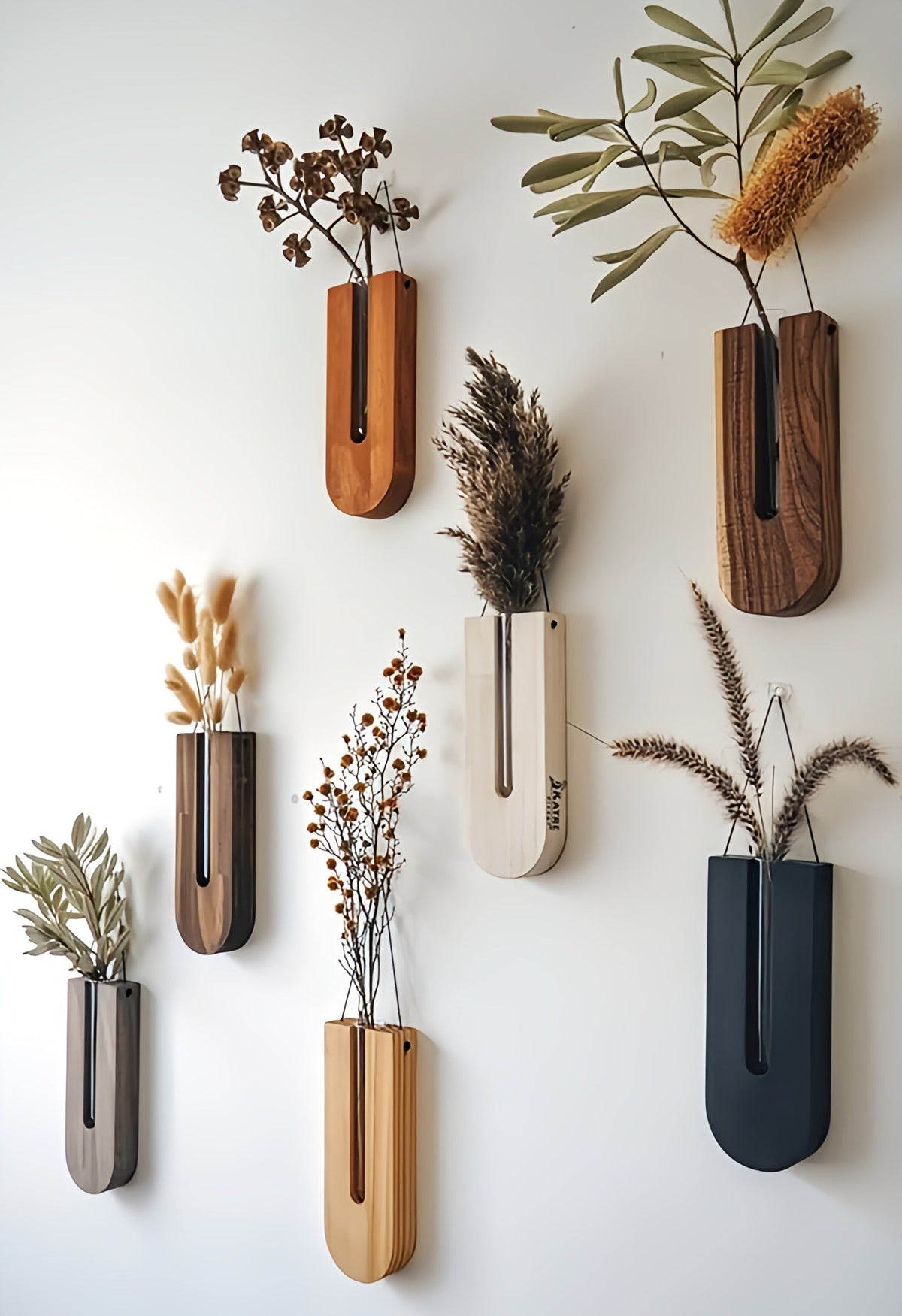 Wall Vases Pine Wood Glass Tubes Set of 7