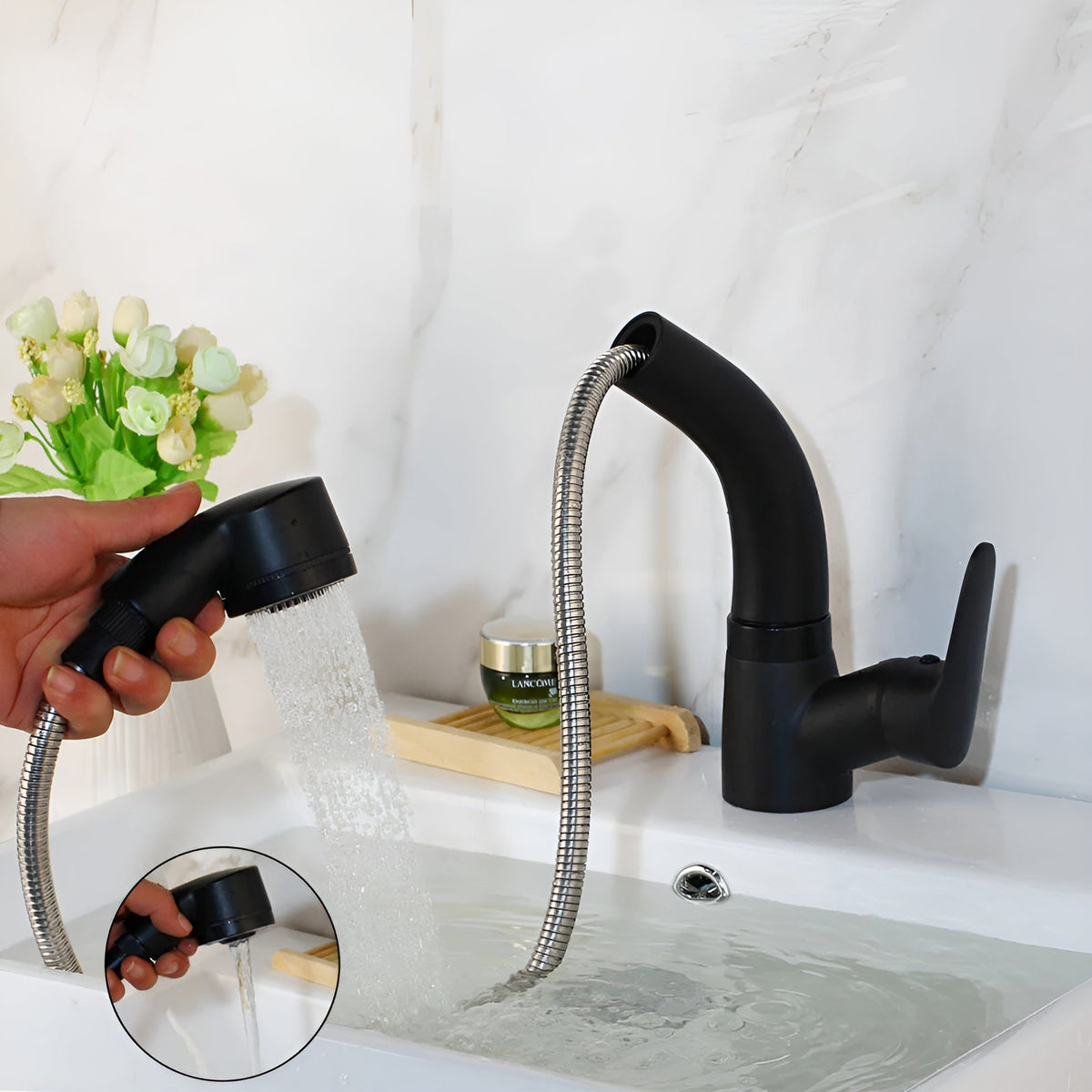 Washbasin Faucet Pull-Out Spout Single-Lever Brass