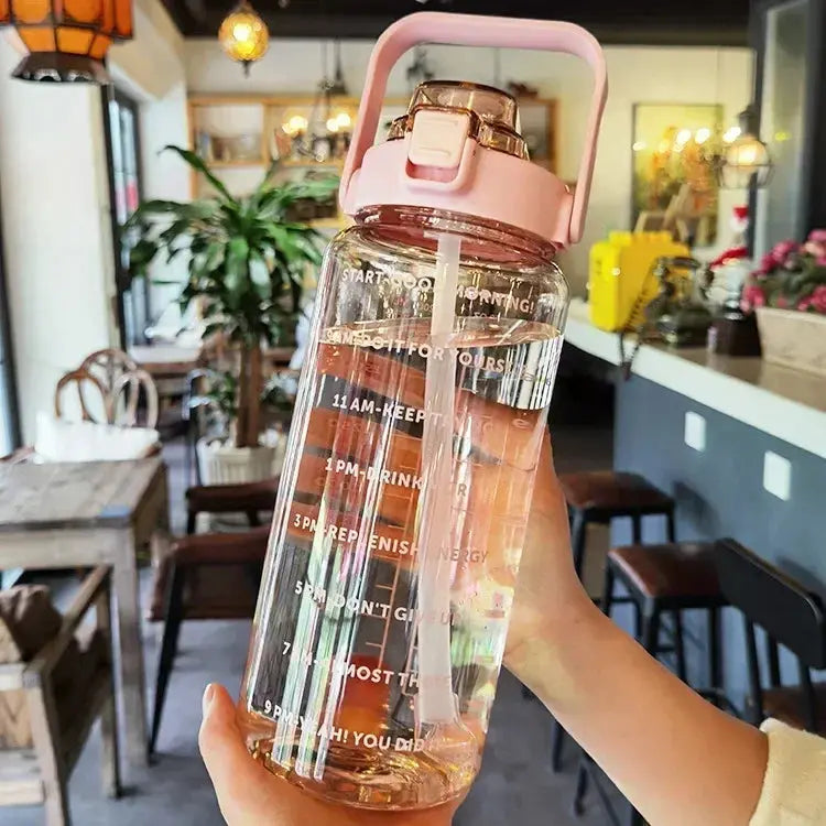 Water Bottle 2L Time Markers Leak-Proof Straw