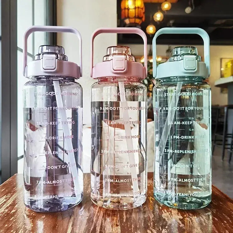 Water Bottle 2L Time Markers Leak-Proof Straw