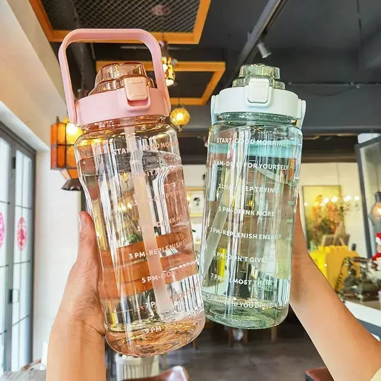 Water Bottle 2L Time Markers Leak-Proof Straw