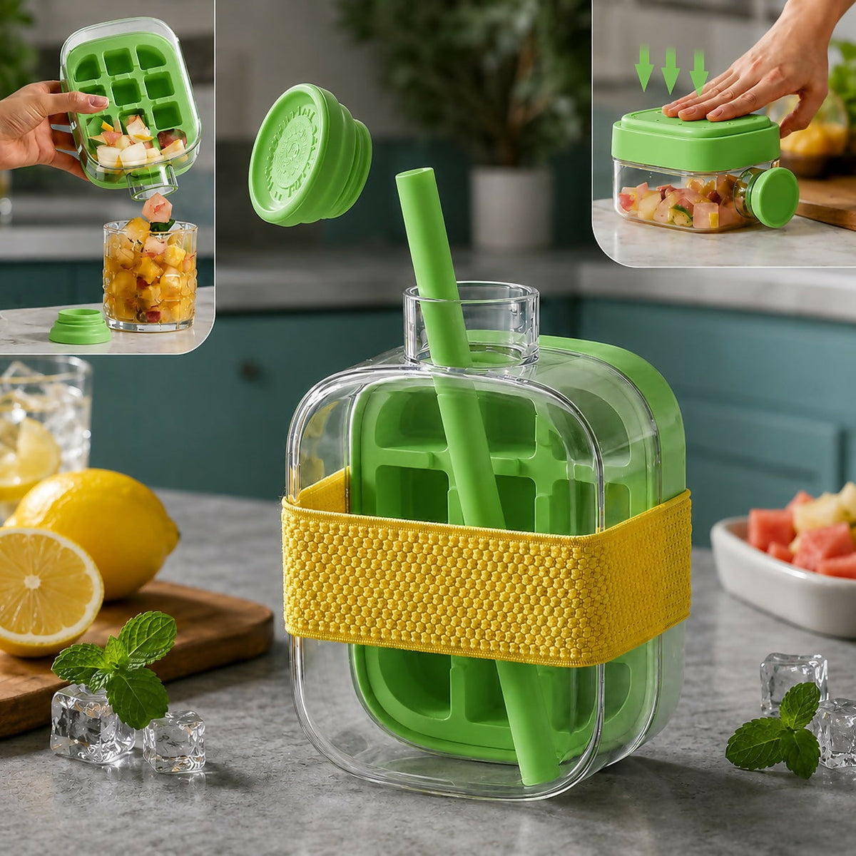 Water Bottle Built-In Ice Mold Leak-Proof Silicone Grip