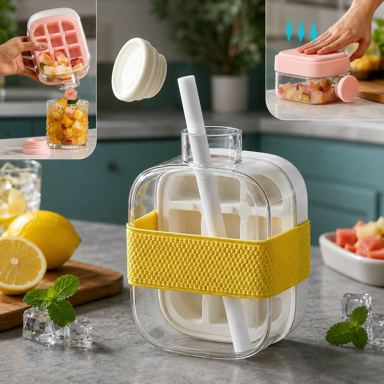 Water Bottle Built-In Ice Mold Leak-Proof Silicone Grip