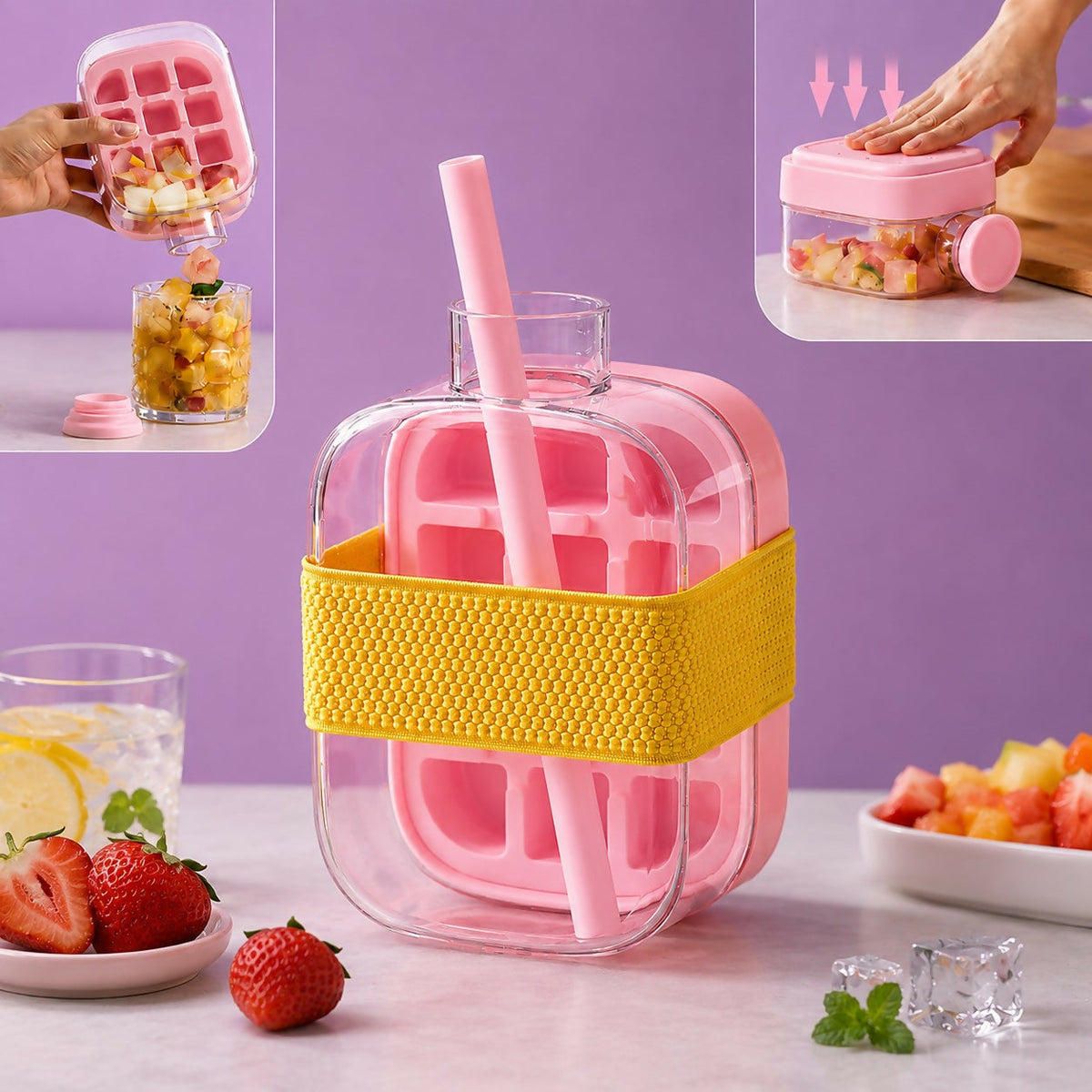 Water Bottle Built-In Ice Mold Leak-Proof Silicone Grip