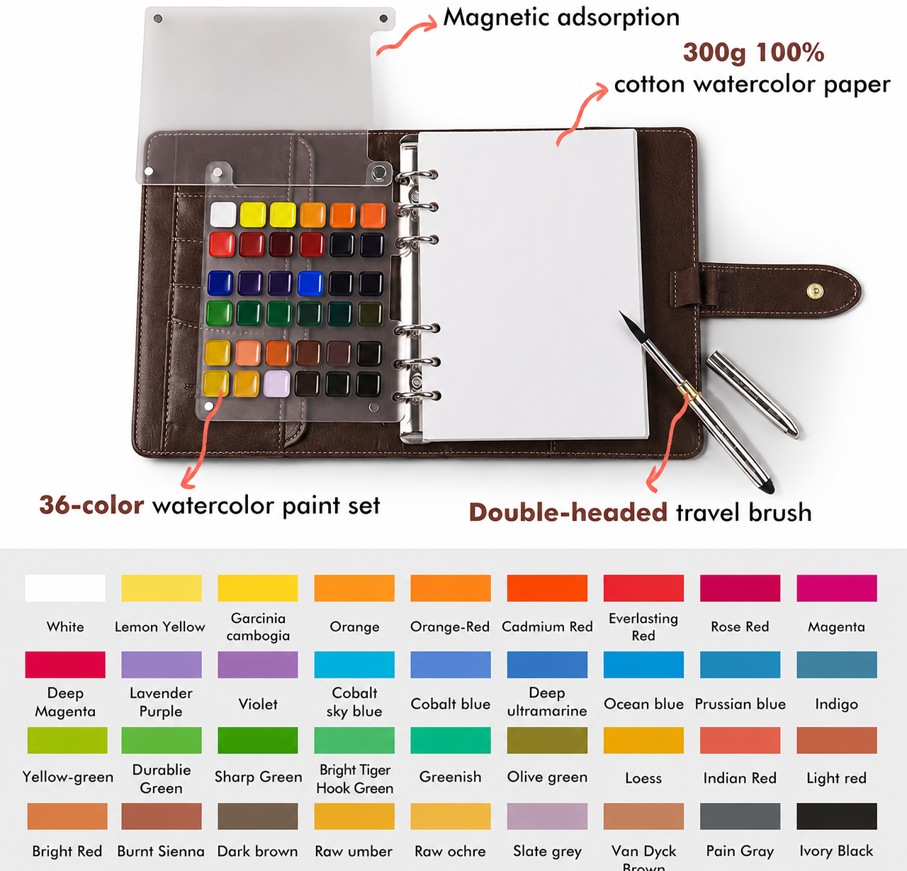 Watercolor Travel Sketchbook Cold-Pressed 300 g/m² Cotton Magnetic Palette