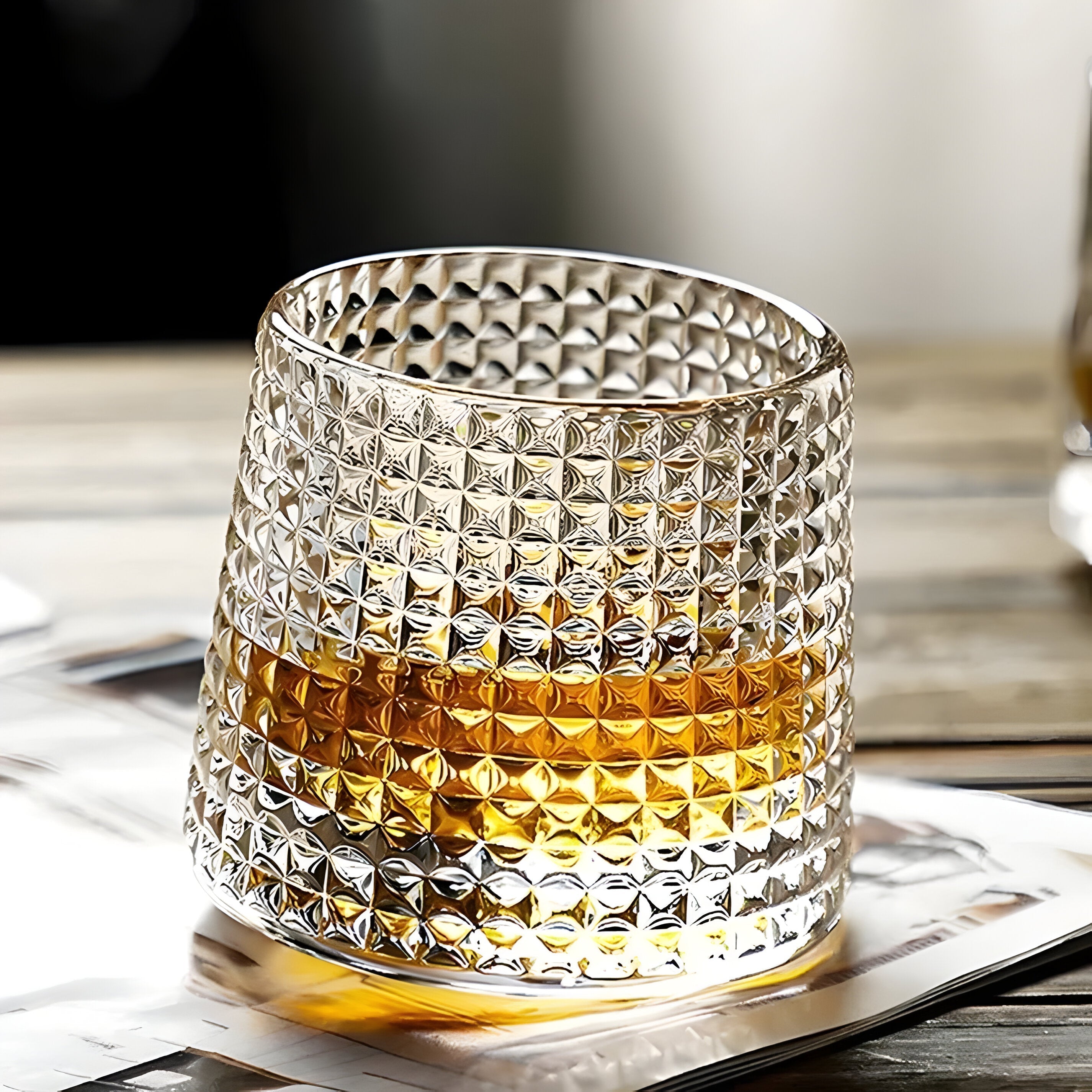 Whiskey Glass 360 Degree Rotating Textured Crystal Weighted Base