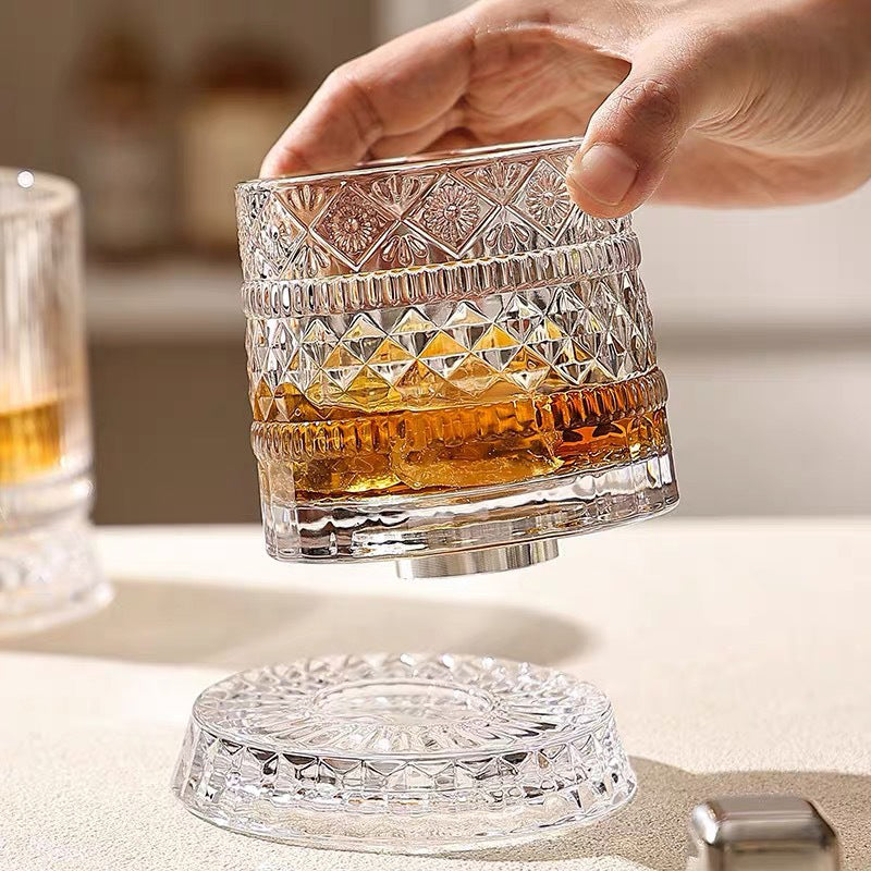 Whiskey Glass 360 Rotation Embossed Crystal Lead-Free