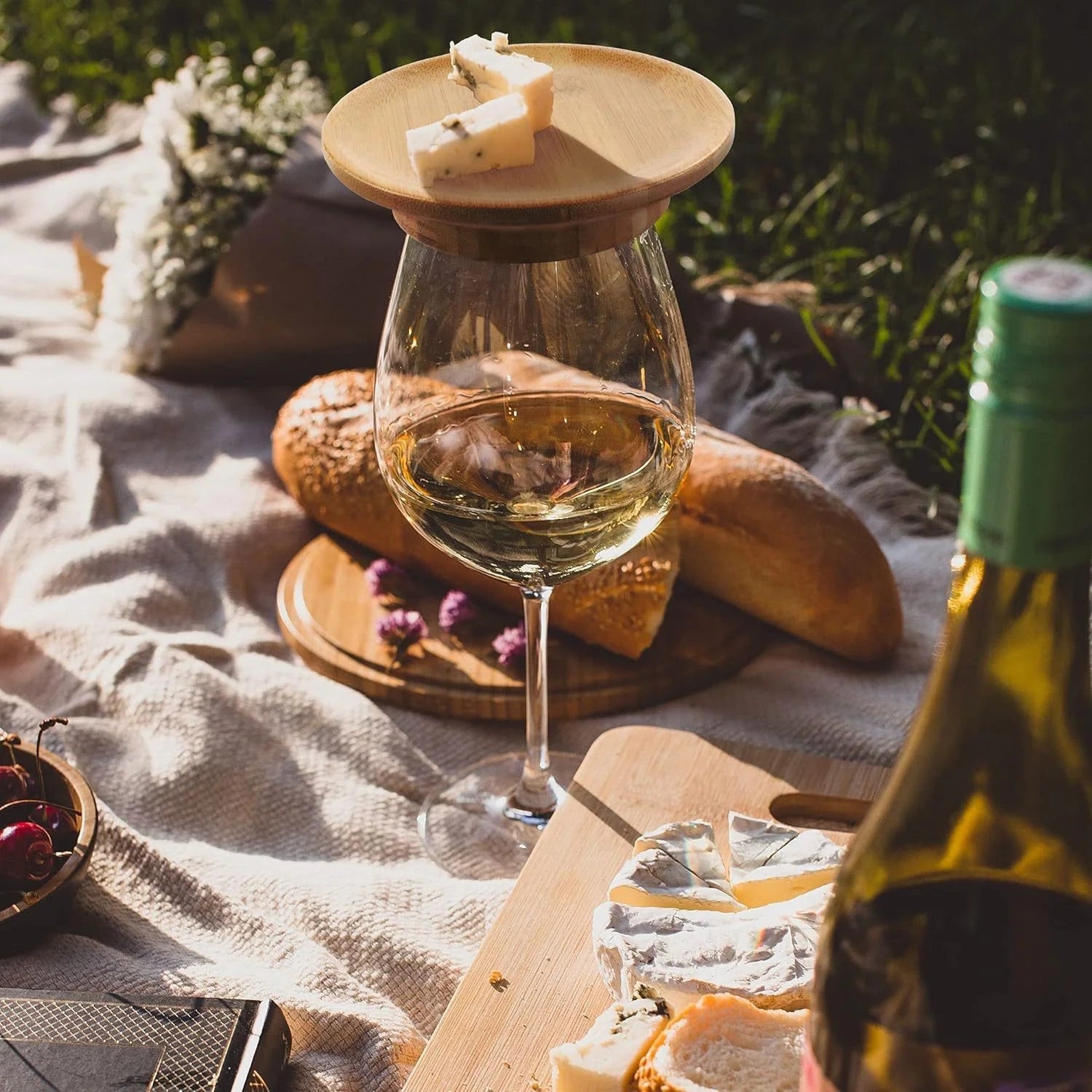 Wine Glass Lid Set Bamboo 2-in-1 Lid & Coaster